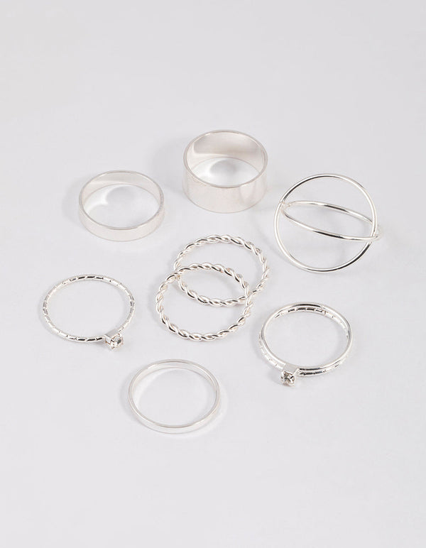 Silver Thick & Diamante Ring 8-Pack