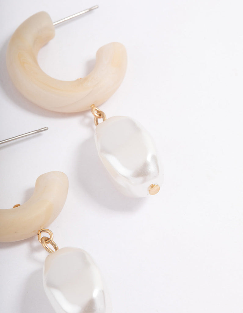 Gold Thick Hoop Pearl Drop Earrings