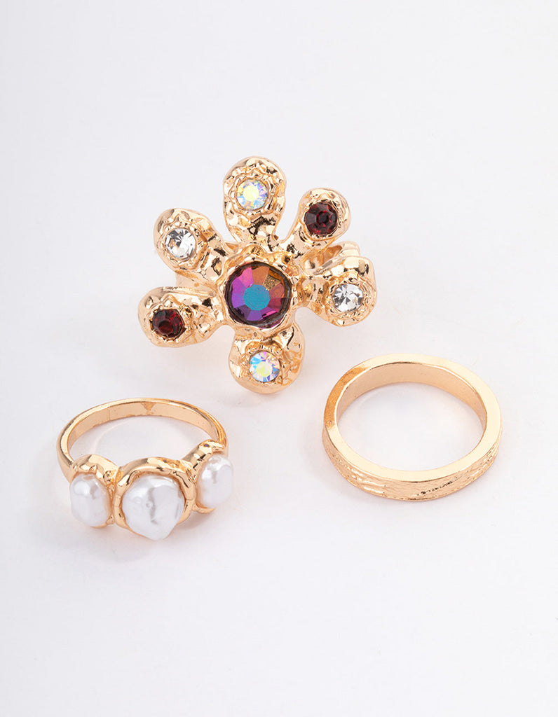 Gold Small Jewels Flower Pack Ring