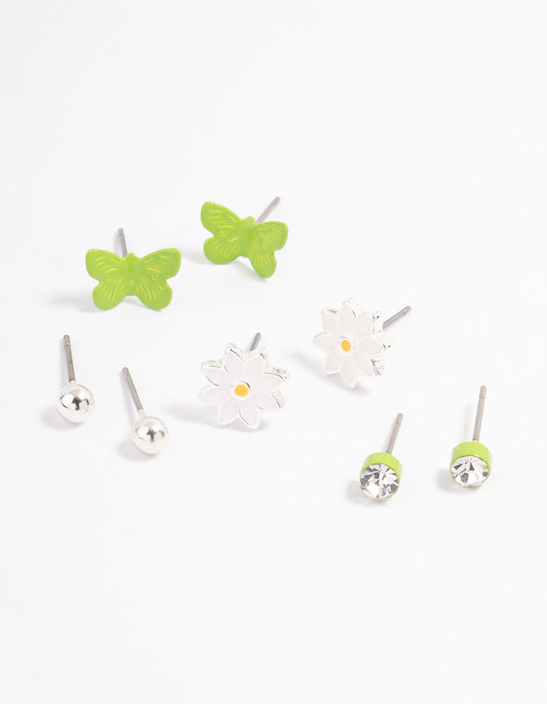 Silver Lime Diamante & Charm Earrings 4-Pack