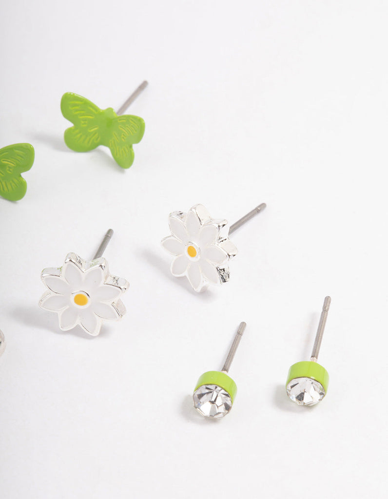 Silver Lime Diamante & Charm Earrings 4-Pack