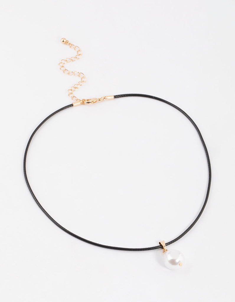 Pearl Pendant Gold Black Cord Necklace