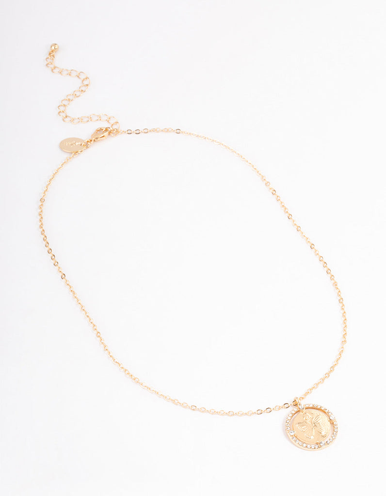 Gold Diamante Butterfly Disc Necklace
