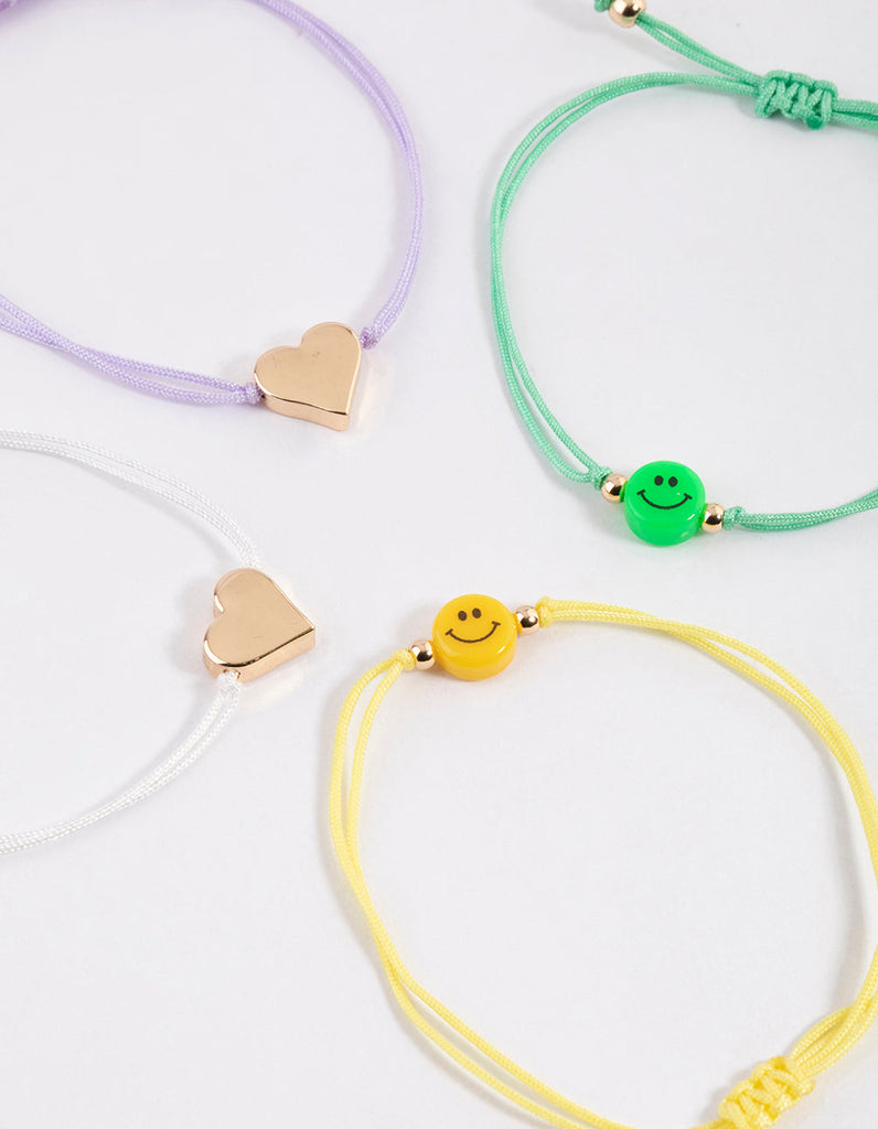 Gold Cord Heart & Smiley Bracelet 4-Pack