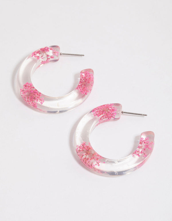 Pink Flower Pressed Hoop Earrings