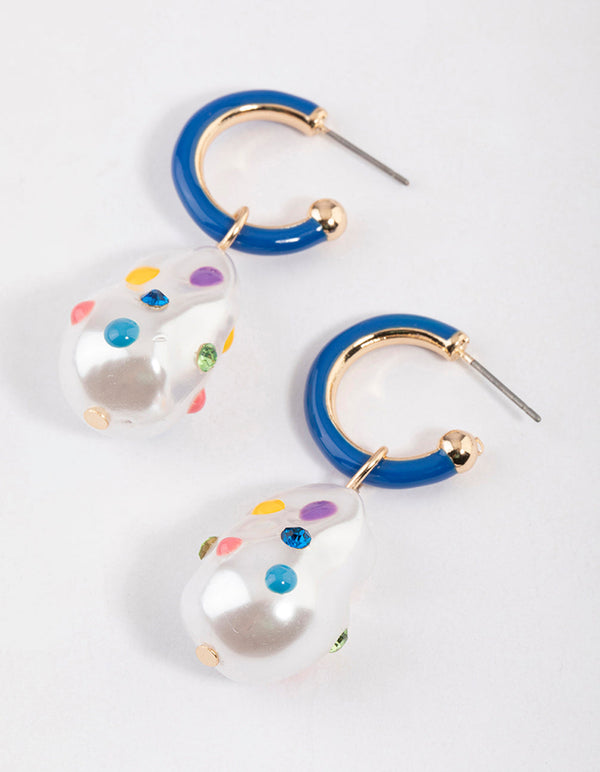 Blue Enamel Pearl Hoop Earrings