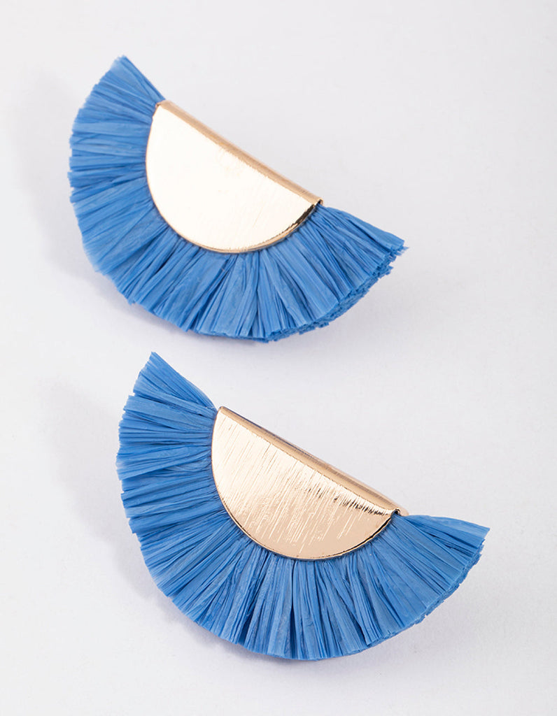 Blue Raffia Fan Stud Earrings