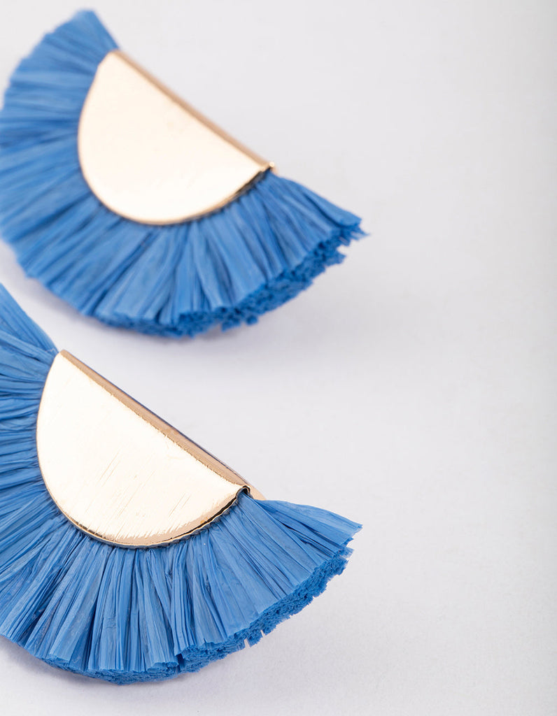 Blue Raffia Fan Stud Earrings