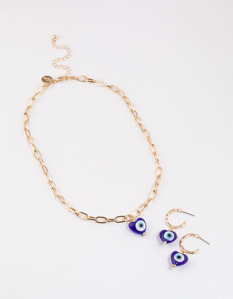 Blue Evil Eye Heart Earrings & Necklace Set
