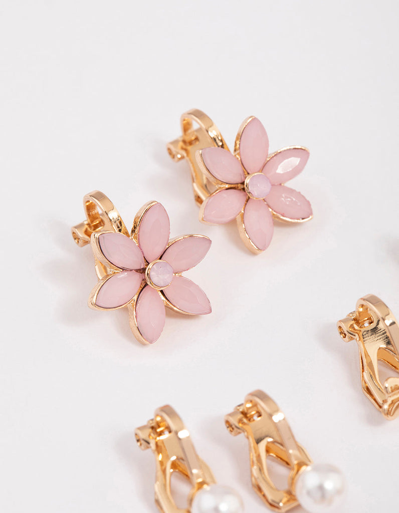 Gold Pretty Flower Clip On Earrings 5-Pack