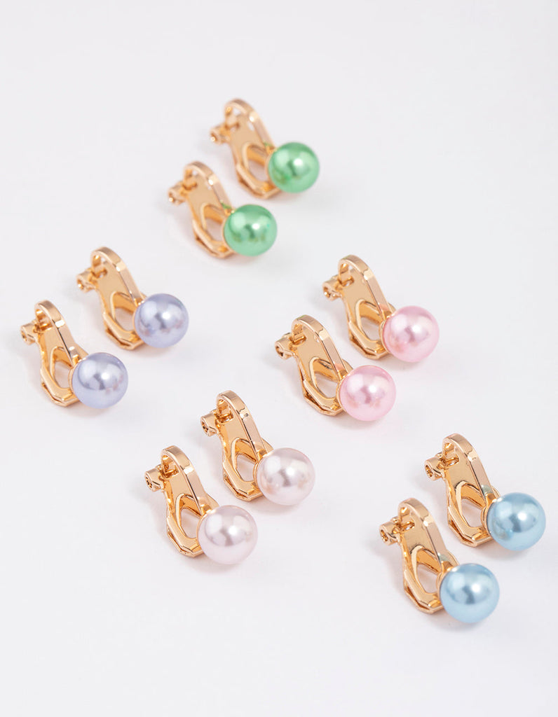 Colourful Pastel Pearl Clip On Earrings 5-Pack