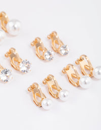 Gold Pearl & Diamante Clip On Earrings 5-Pack - link has visual effect only
