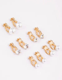 Gold Pearl & Diamante Clip On Earrings 5-Pack - link has visual effect only