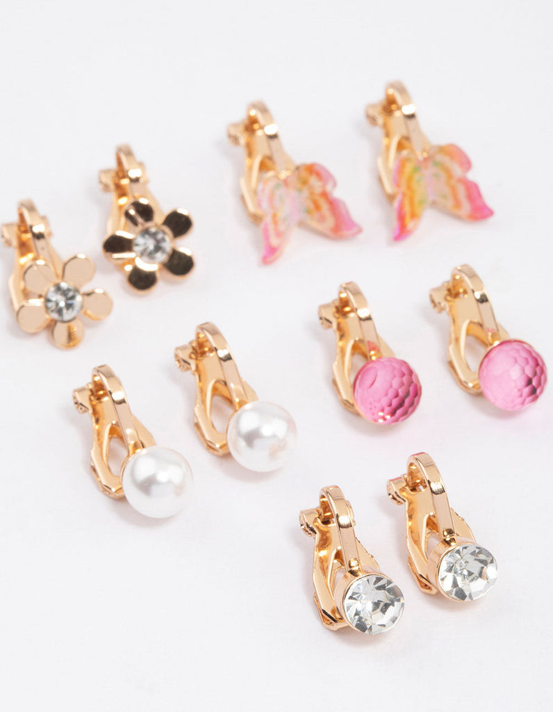 Gold Flower & Butterfly Clip On Earrings 5-Pack