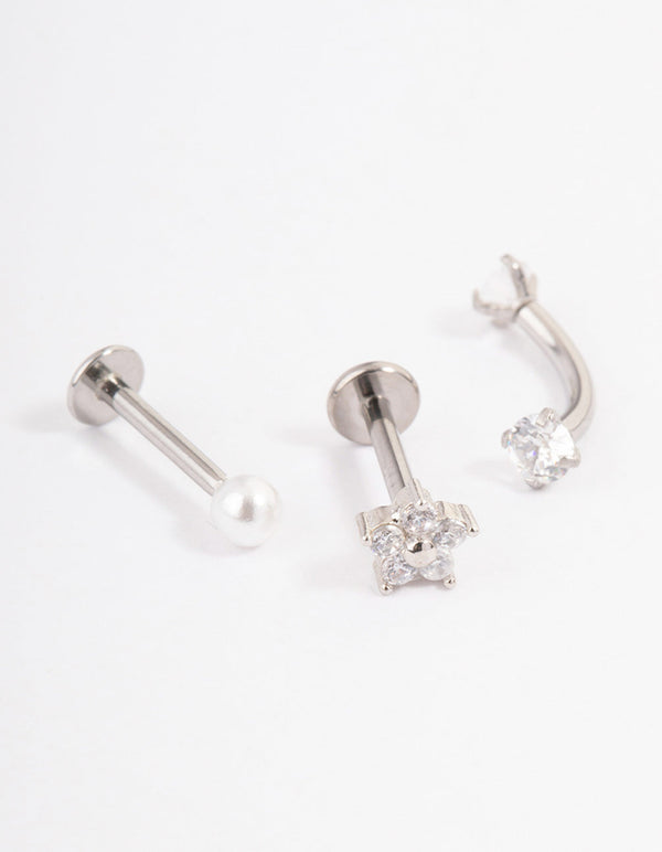 Surgical Steel Cubic Zirconia Pearl & Flower Earrings Pack