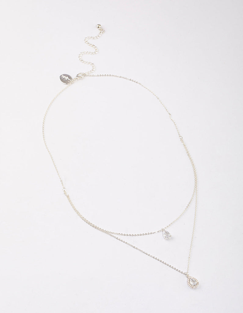 Silver Double Pear Layered Necklace