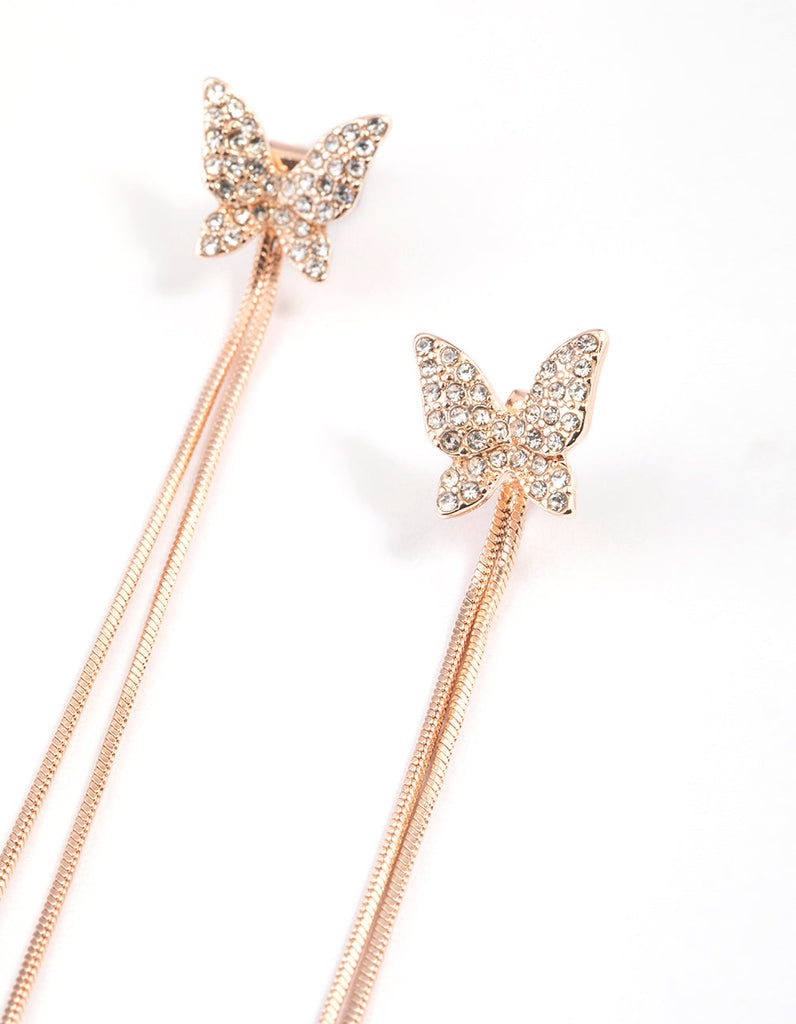 Rose Gold Diamante Butterfly Sandwich Drop Earrings