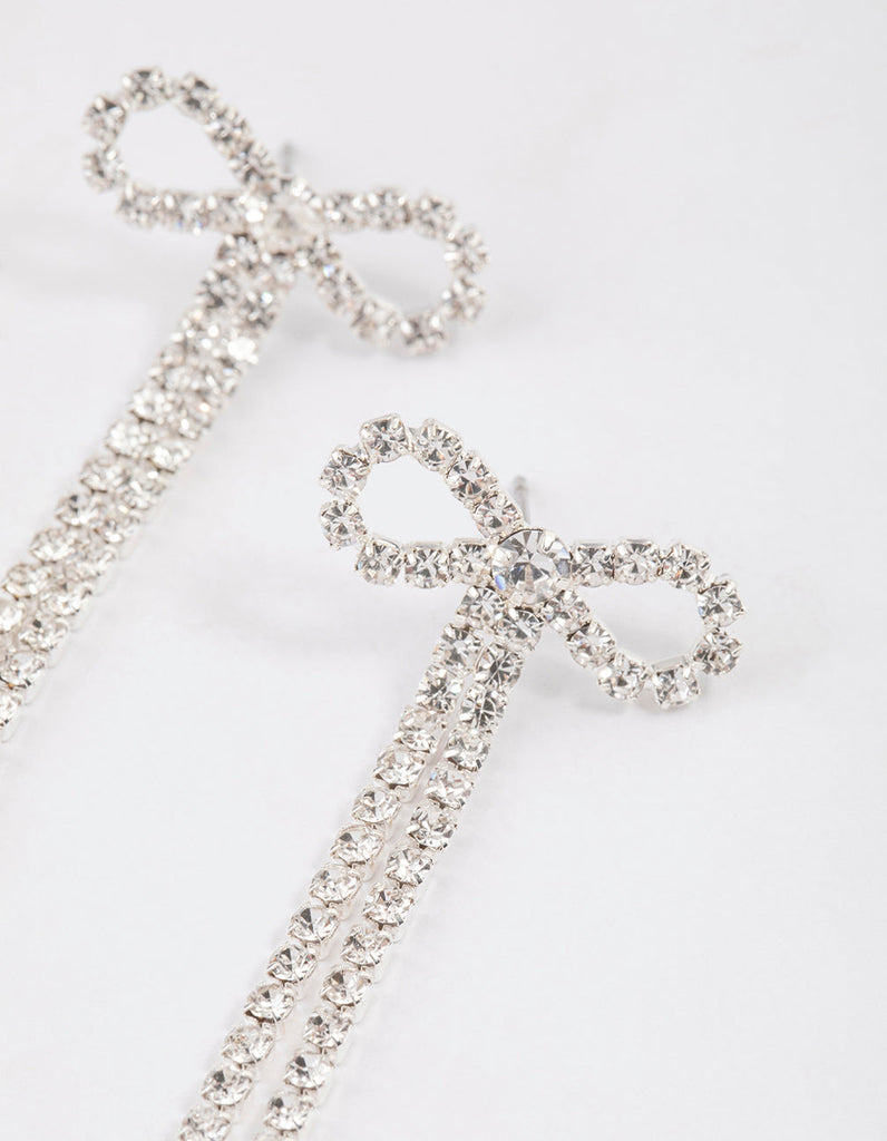 Silver Diamante Cupchain Bow Drop Earrings