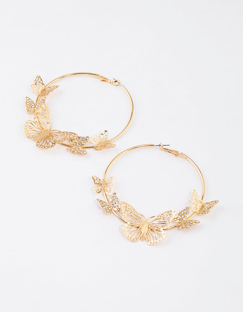 Gold Diamante Butterlfy Hoop Earrings