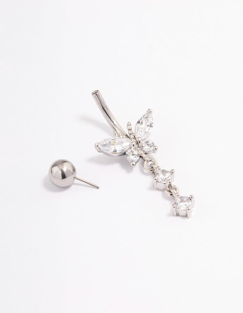 Surgical Steel Cubic Zirconia Butterfly Drop Belly Ring