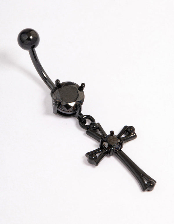 Coated Surgical Steel Cubic Zirconia Cross Drop Belly Ring