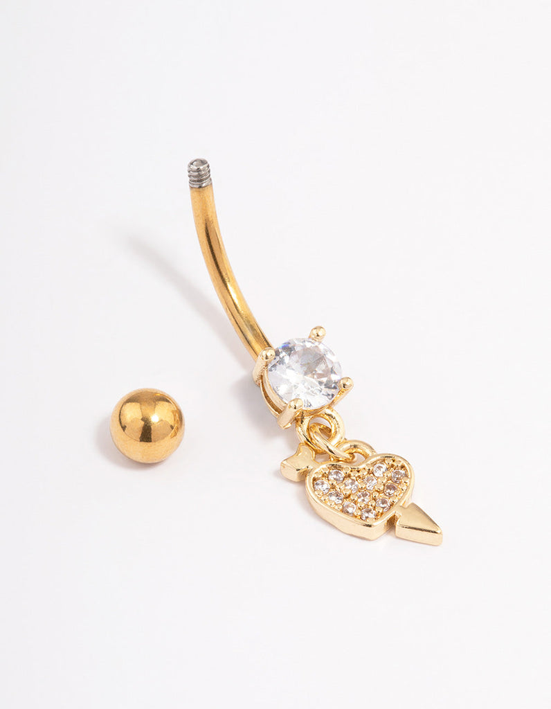 Gold Plated Surgical Steel Cubic Zirconia Cupid Heart Belly Ring