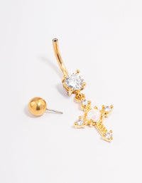 Gold Plated Surgical Steel Cubic Zirconia Opal Cross Belly Ring - link has visual effect only