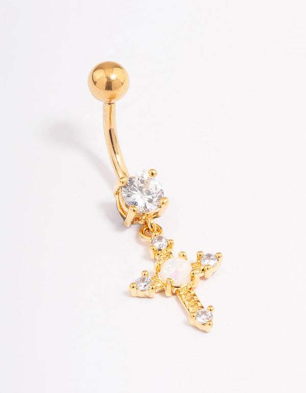 Gold Plated Surgical Steel Cubic Zirconia Opal Cross Belly Ring