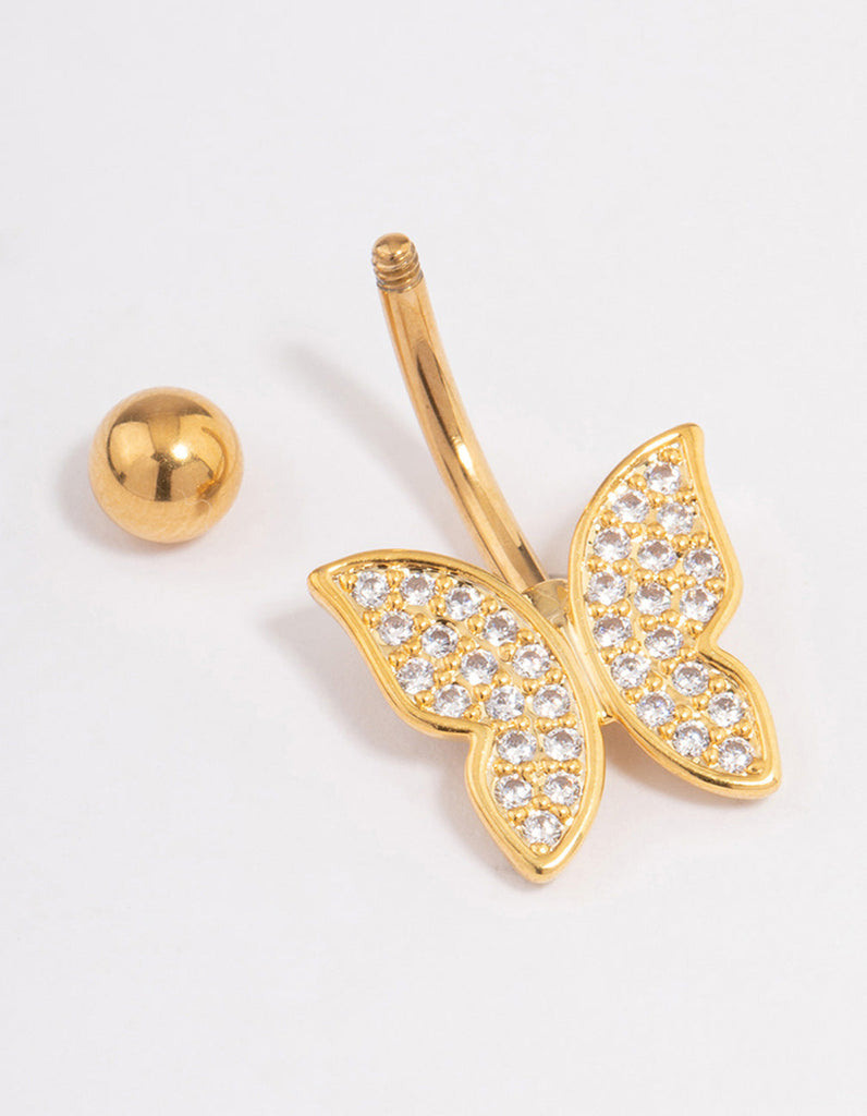 Gold Plated Surgical Steel Cubic Zirconia Statement Butterfly Belly Ring