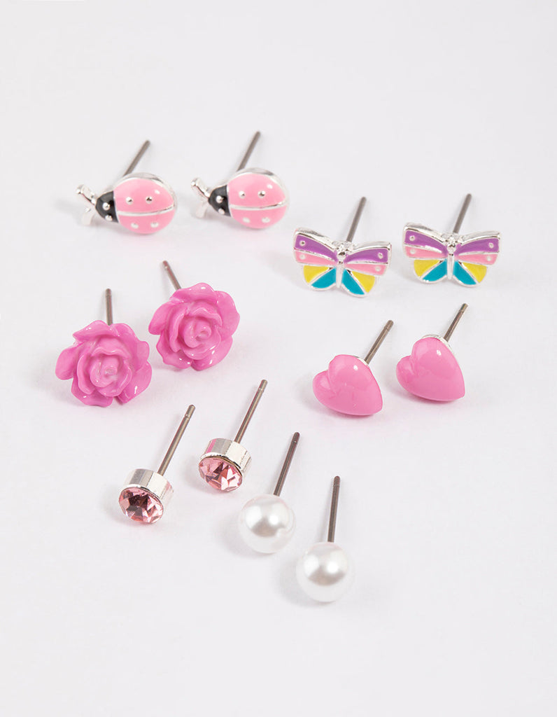 Kids Pink Rose Stud Earrings 6-Pack