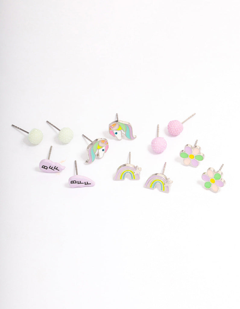 Kids Silver BFF Rainbow Stud Earrings 6-Pack
