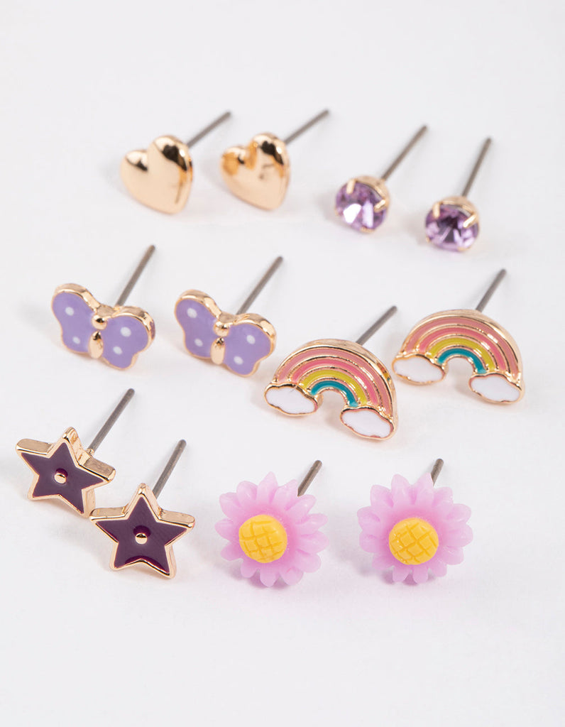 Kids Purple Star Rainbow Stud Earrings 6-Pack