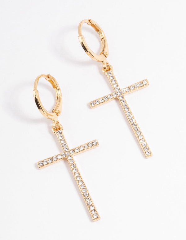 Gold Plated Diamante Large Cross Drop Earrings