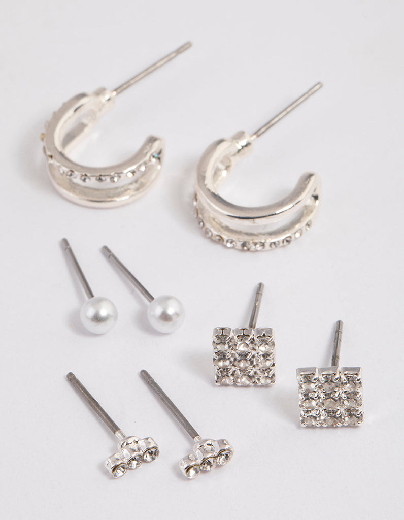 Silver Dainty Diamante Stud Earrings 4-Pack