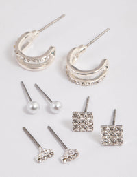 Silver Dainty Diamante Stud Earrings 4-Pack - link has visual effect only