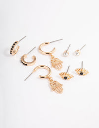 Gold Diamante Eye & Hand Earrings 4-Pack - link has visual effect only