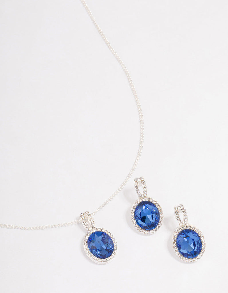 Silver Oval Blue Halo Necklace & Stud Earrings Jewellery Set