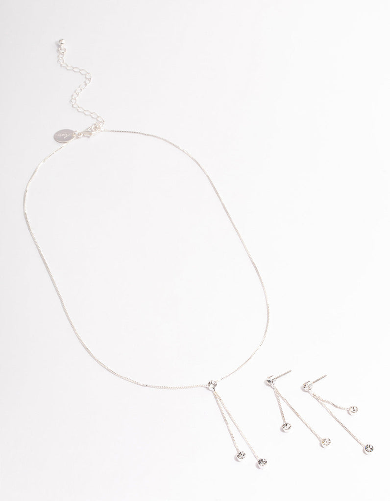 Silver Diamante Y-Shape Necklace & Drop Earrings Jewellery Set