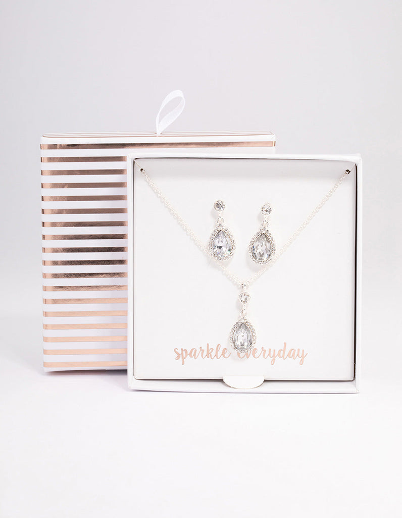 Silver Round & Pearl Halo Necklace & Drop Earrings Jewellery Set