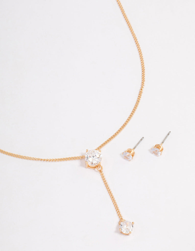 Gold Diamante Y-Shape Necklace & Stud Earrings Jewellery Set