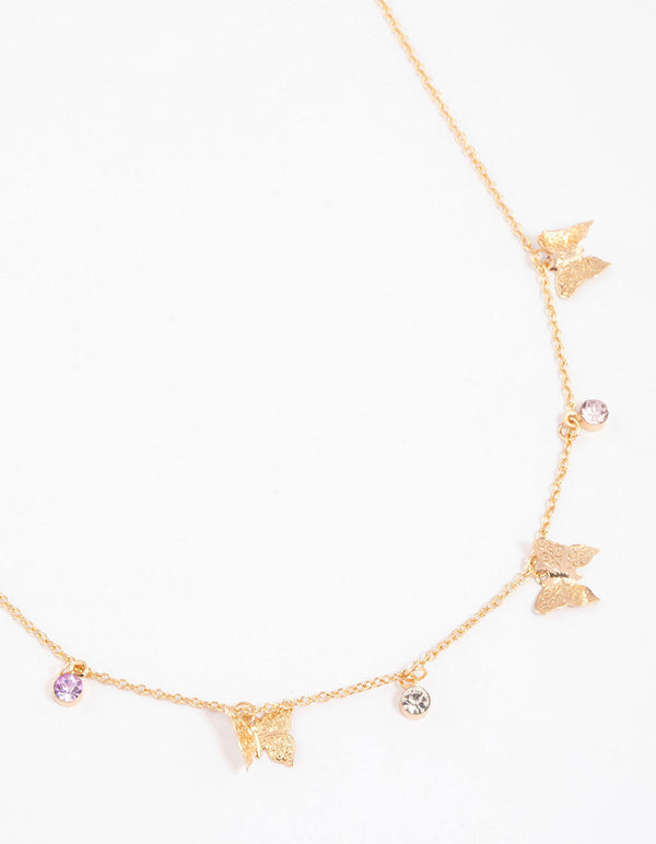 Gold Butterfly Drop Station Necklace