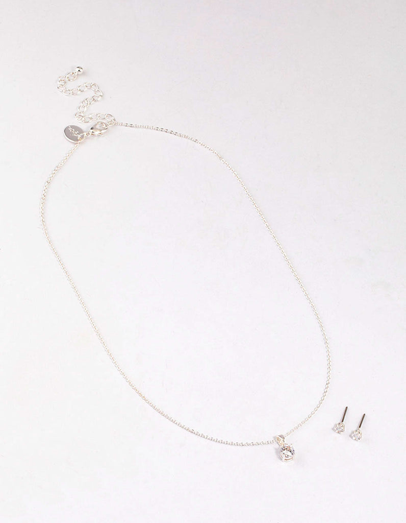 Silver Round Solitaire Necklace & Earring Set