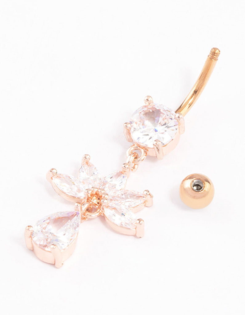 Rose Gold Plated Surgical Steel Cubic Zirconia Fan Drop Belly Ring