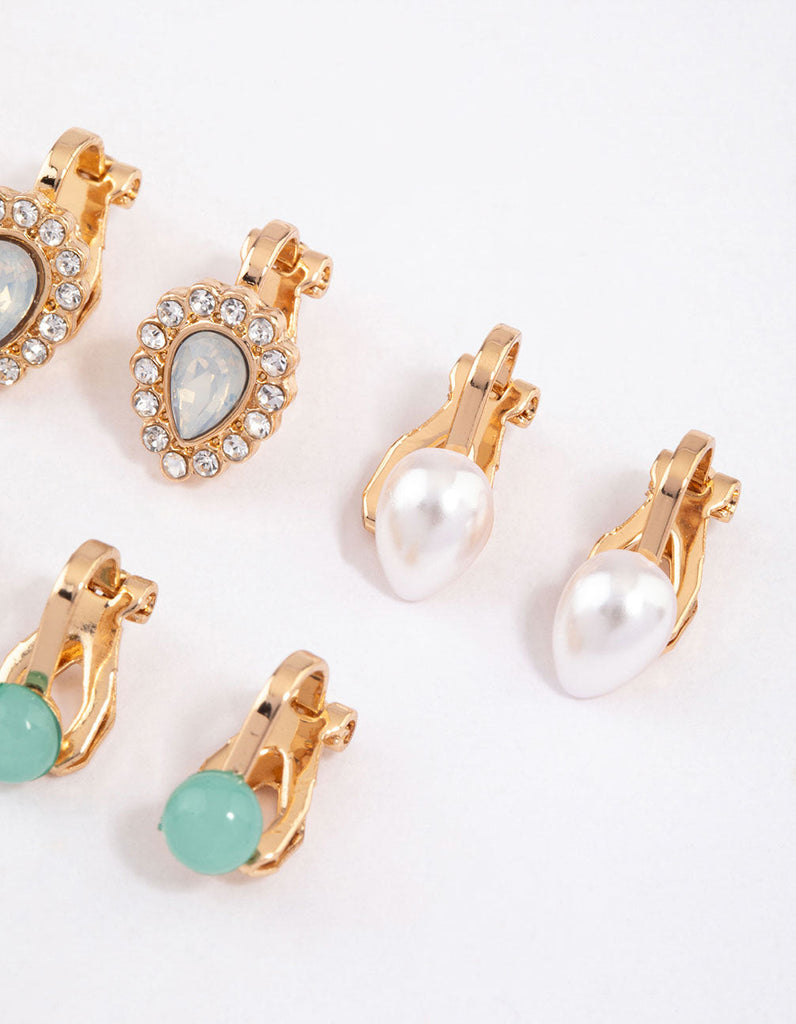 Gold Pearl & Diamante Pear Clip On Earrings 5-Pack