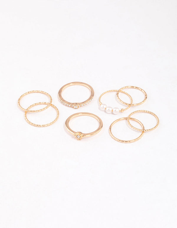 Gold Fine Diamante Cut Pearl Ring Pack - Lovisa