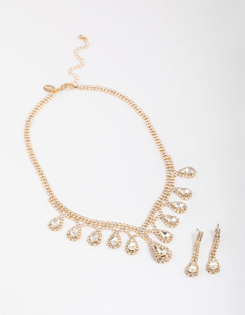 Gold Diamante Surrounded Teardrop Earrings & Necklace Set