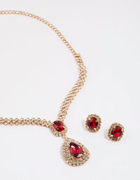 Gold Teardrop Surrounded Earrings & Necklace Set - link has visual effect only