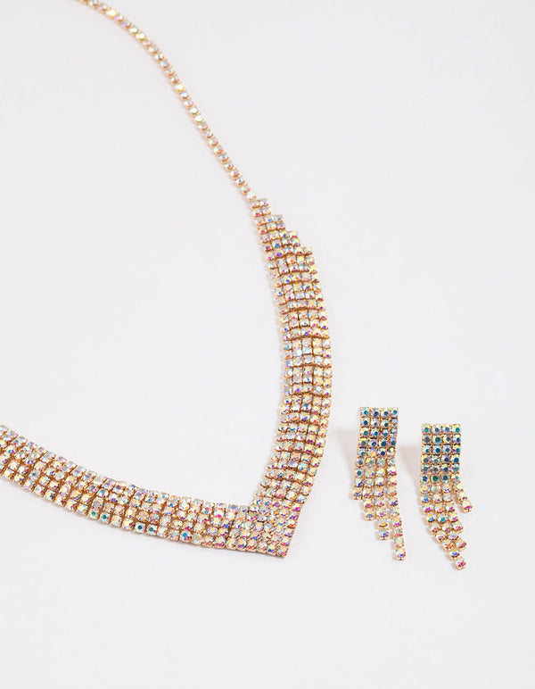 Gold Diamante Pointed Earrings & Necklace Set