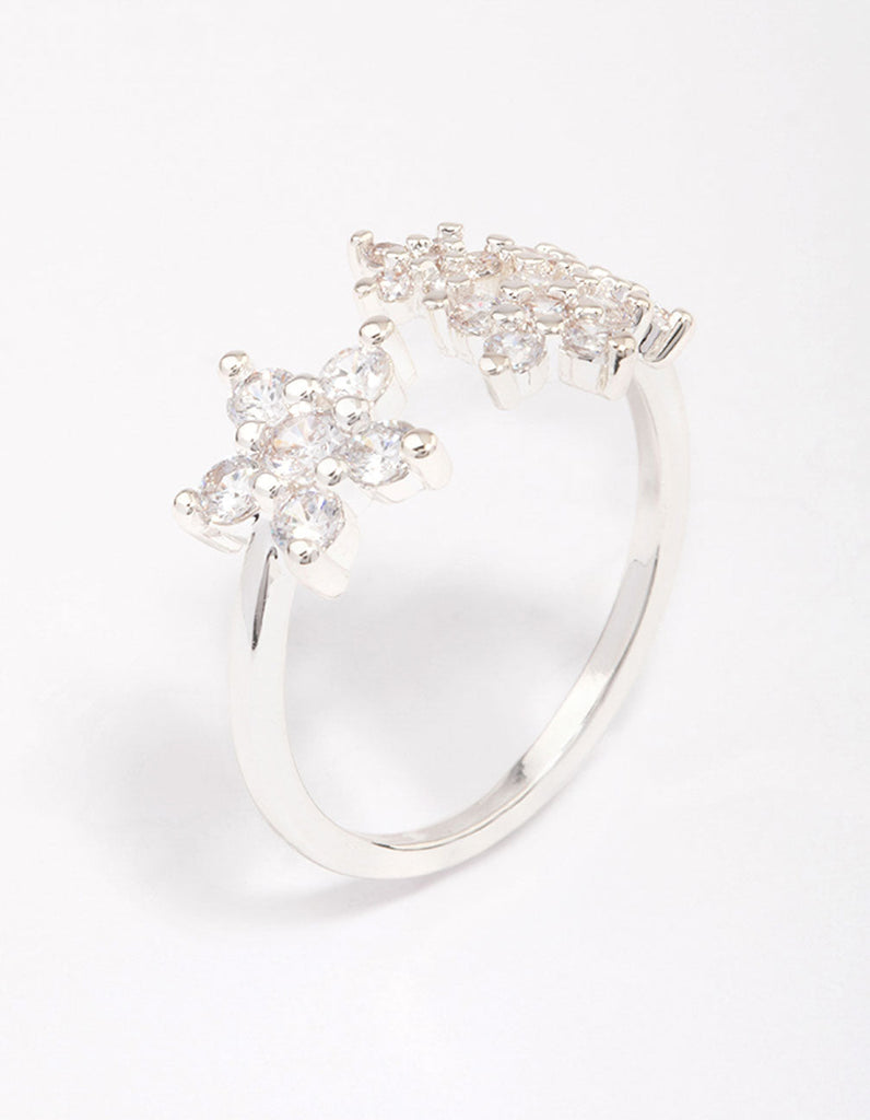 Silver Plated Cubic Zirconia Open Flower Ring