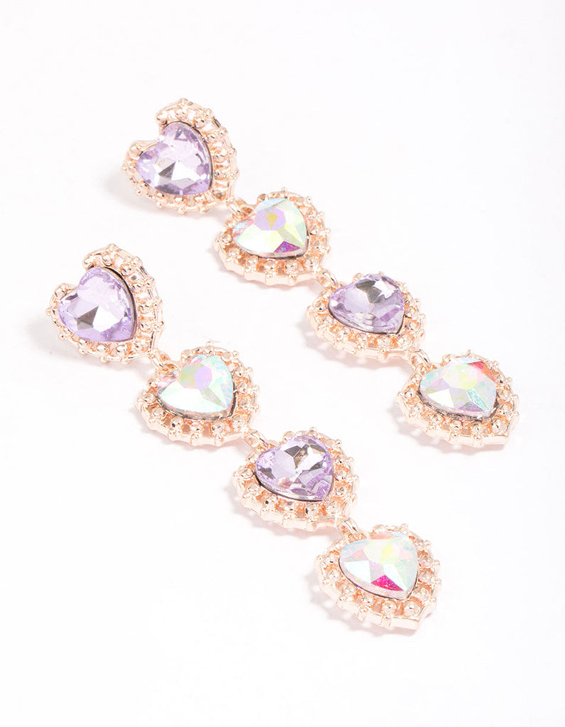 Rose Gold Four Diamante Heart Drop Earrings